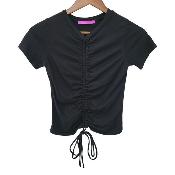 Jac Parker Mixology Ruched Front Drawstring Crop Top Size S Black Short Sleeve - Picture 1 of 4